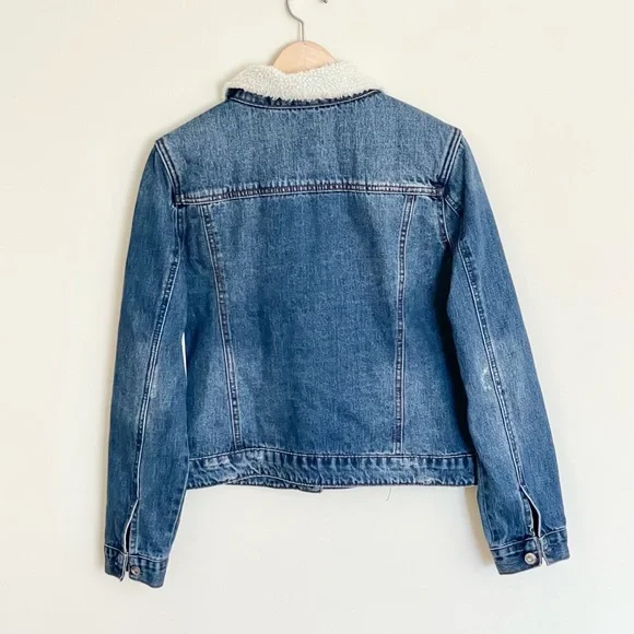 NEW Kensie Jeans Fur Lined Distressed Button Trucker Jacket Women’s Large - Picture 7 of 11